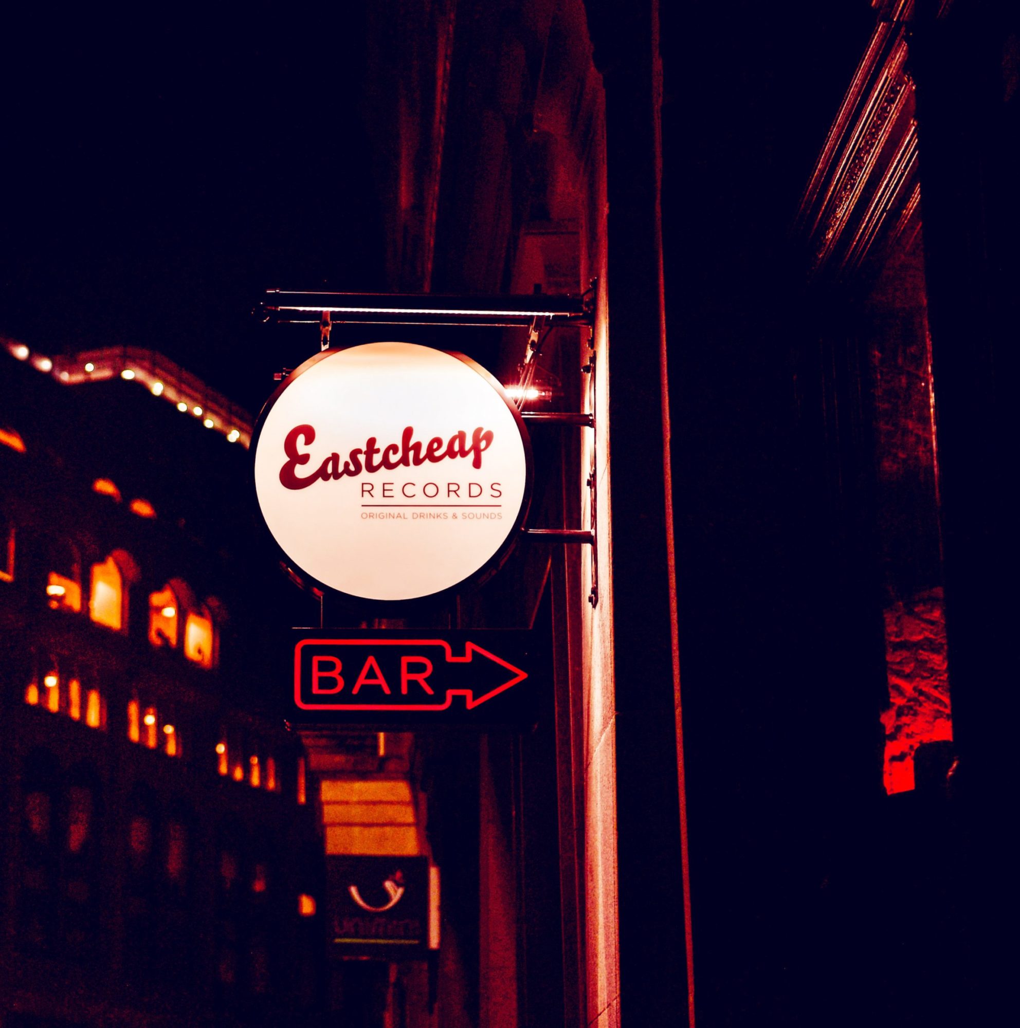 Bar this way sign at Eastcheap Records, The City